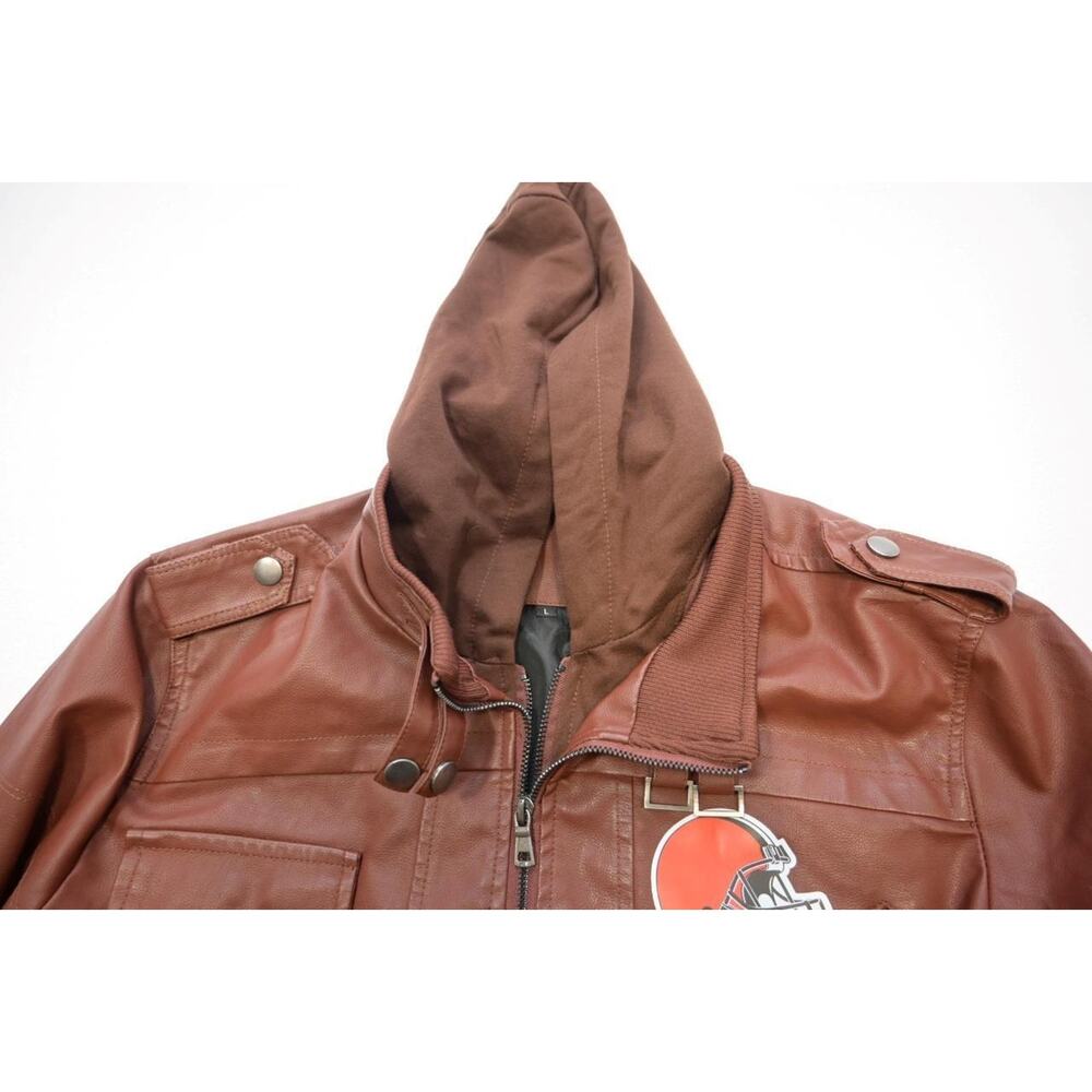 NFL‎ Cleveland Browns Pleather Military Cargo Jacket Hooded Mens Size Large - Picture 8 of 11